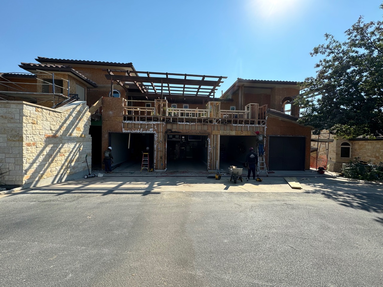 Exterior wall framing rebuilt during a waterproofing project